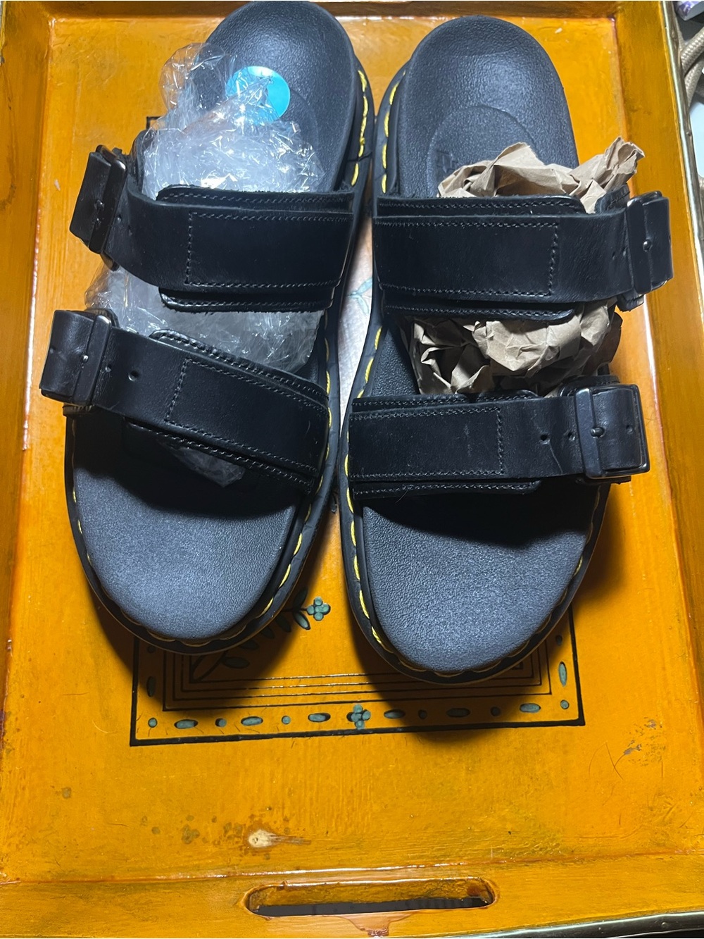 Dr. Martens Black Sandals with Yellow Stitching